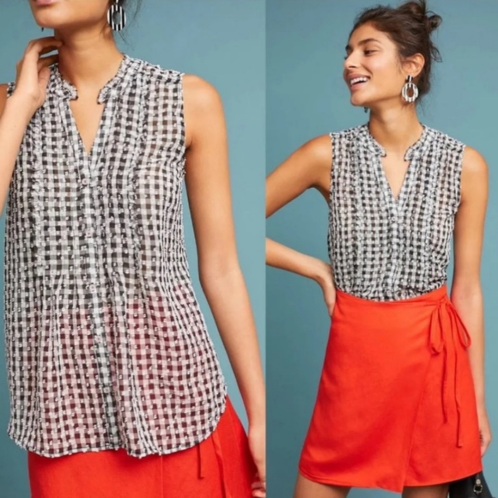 Anthropologie Maeve Gingham Black & White Checked Button up Top NWT - Picture 2 of 11